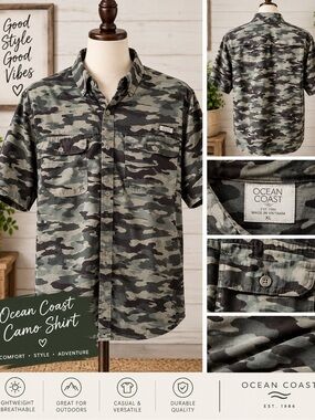 Ocean Coast Men’s Short-Sleeve Camo Button-Down Shirt - Green Camo
